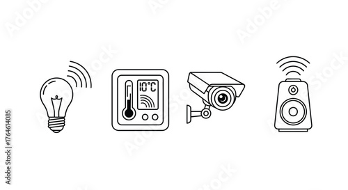 Smart home icons connected light bulb thermostat camera speaker set for modern living vector