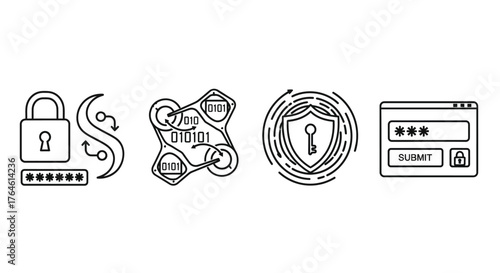 Hand drawn security icons set featuring lock password shield browser window and abstract elements vector
