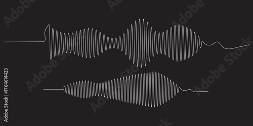 Music sound wave icon set with audio frequency signals, podcast, radio, volume waves, and equalizer line effects for audio interface and UI design