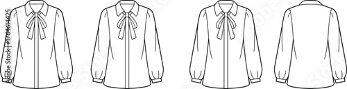 Long sleeve blouse design, bow tie collar flat sketch, button down shirt vector, garment construction drawing, fashion illustration, cad drawing flat vector illustration