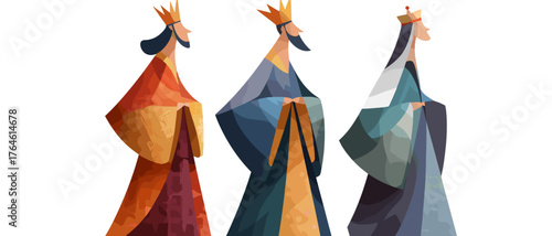 Three abstract kings and queen in colorful robes and crowns  