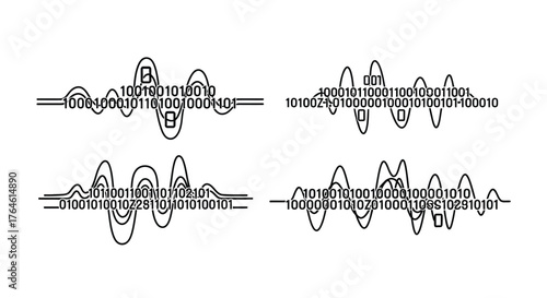 Four distinct sound waveforms visualized with digital binary code elements modern abstract audio representation vector