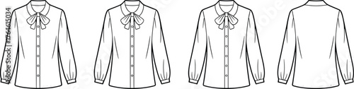 Long sleeve blouse design, bow tie collar flat sketch, button down shirt vector, garment construction drawing, fashion illustration, cad drawing flat vector illustration