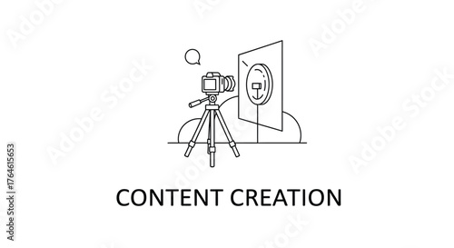 Hand drawn line art of professional camera on tripod filming a screen graphic indicating content creation concept vector