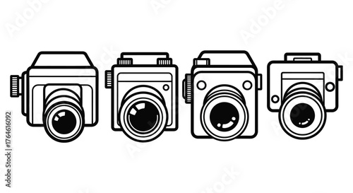 Four line art cameras showing different angles and designs for photography enthusiasts vector