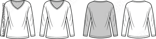 Long sleeve V-neck shirt design, flat sketch front and back, garment construction vector, apparel fashion illustration, cad drawing flat vector illustration