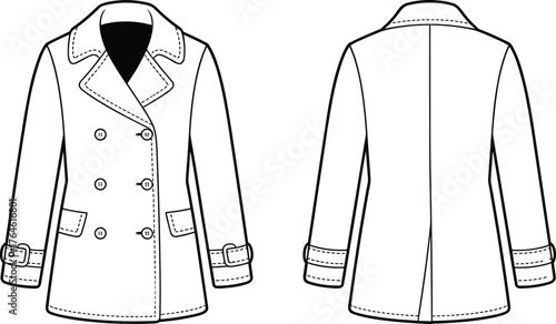 Double breasted coat vector, fashion flat sketch, men’s outerwear illustration, apparel design template, clothing mockup, garment technical drawing, trench coat design, vector clipart