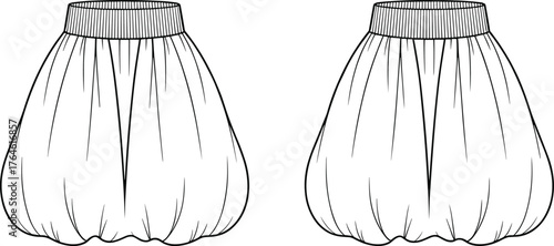 Gathered balloon skirt design, ribbed waistband flat sketch, puffed skirt vector, garment construction drawing, fashion illustration outline, cad drawing flat vector illustration