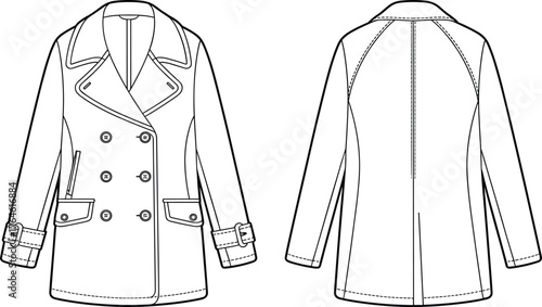 Double breasted coat vector, fashion flat sketch, men’s outerwear illustration, raglan sleeve design, apparel template, clothing mockup, garment technical drawing, vector clipart