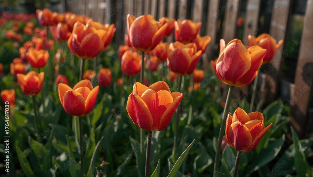 Obraz premium Close-up of tulip blossoms flourishing near a rustic wooden barrier in a cultivated field, softly blurred background.