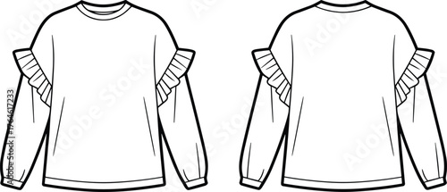 Ruffle blouse vector, fashion flat sketch, women’s top illustration, puff sleeve design, apparel template, clothing mockup, garment technical drawing, vector clipart