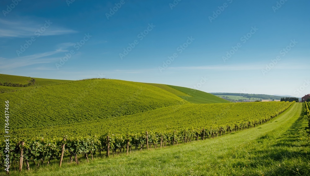 Fototapeta premium Grape vines flourishing on a sunny hillside surrounded by lush grass in a valley beneath a clear blue sky during summer