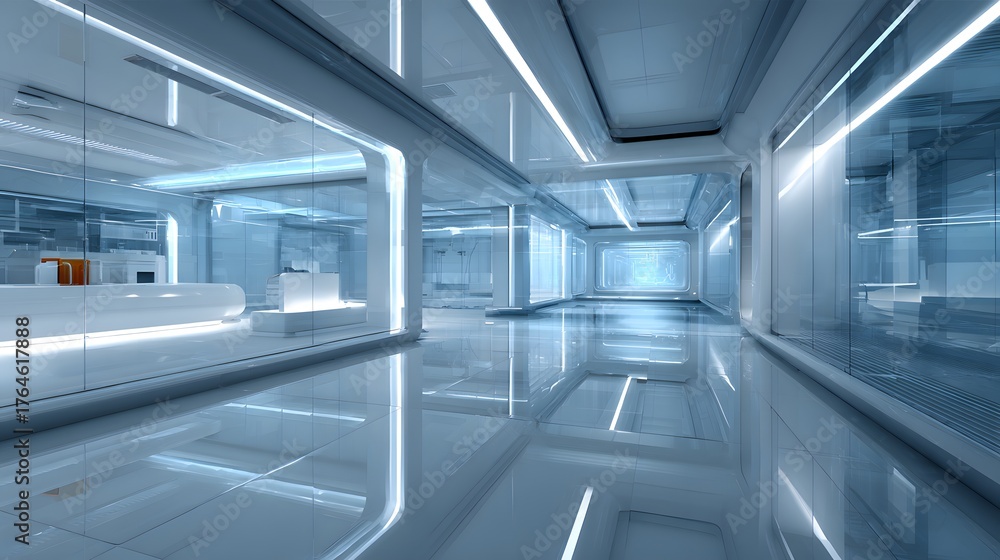 Obraz premium Brightly illuminated contemporary interior space features sleek architectural design and reflective surfaces