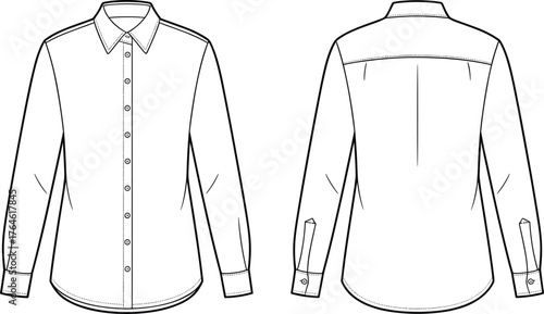 Vector shirt illustration, technical fashion sketch, long sleeve button up, pointed collar design, sewing pattern, garment mockup, clothing flat drawing, line art