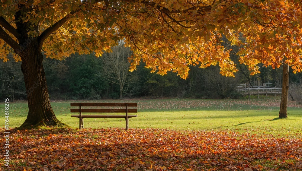 Obraz premium Tranquil fall scenery featuring a resting bench