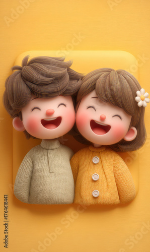 Cute Cartoon Style Couple Laughing Together with Joyful Expressions on Bright Background