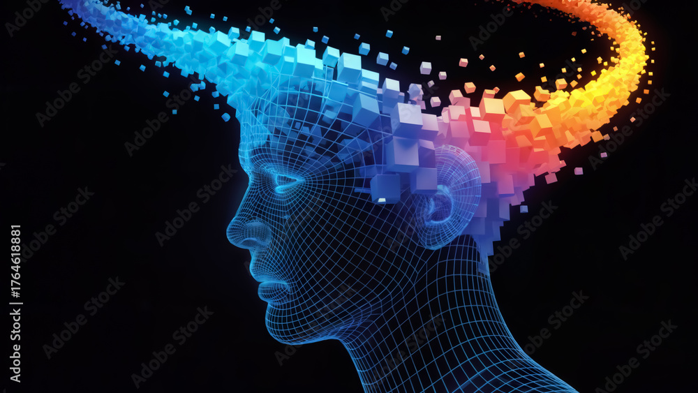 Obraz premium Dynamic mind visualization abstract human head concept exploding with vibrant digital data cubes