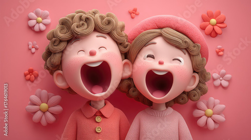 Cute Cartoon Couple Laughing Together with Flowers in a Playful Style for Adorable Design Projects
