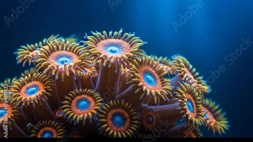 Vibrant Underwater Coral Colony with Detailed Orange and Blue Polyps