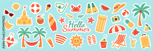 Colorful vector sticker set with summer elements: sun, surfboard, palm trees, fruits, beach items, crab, shells and vacation essentials in flat cartoon style. Blue isolated background. Hello summer.