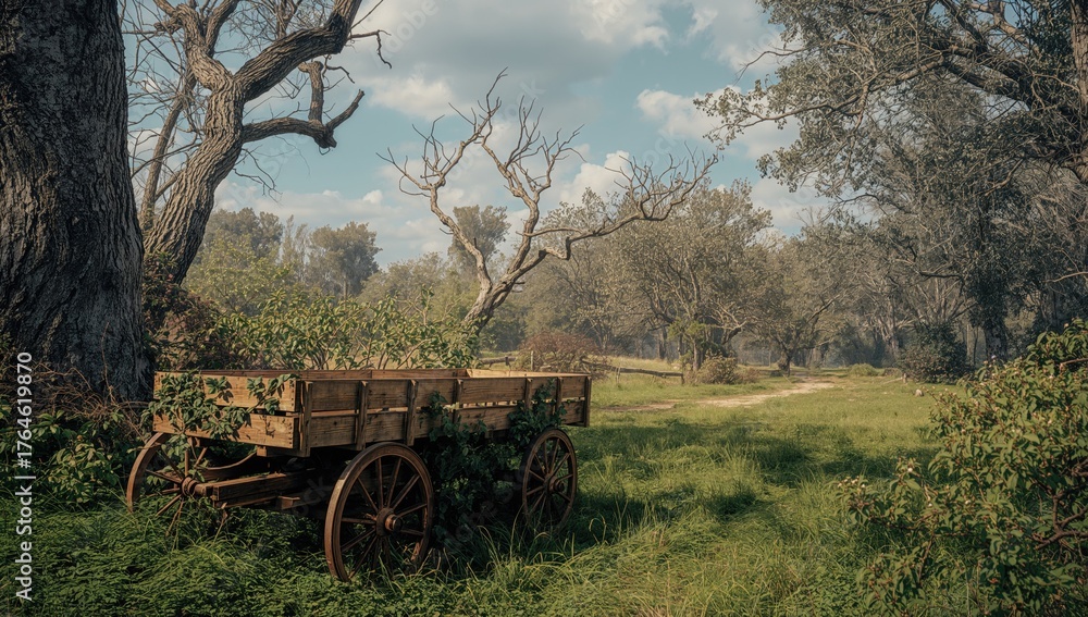 Obraz premium Vintage Open Wagon Set Against Natural Landscape with Trees and Grass