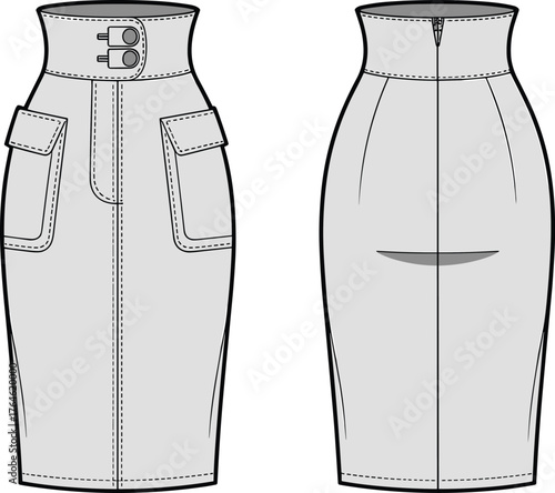 High waisted pencil skirt, fashion flat sketch, technical drawing, apparel design template, sewing pattern, garment construction, clothing blueprint, vector illustration, CAD