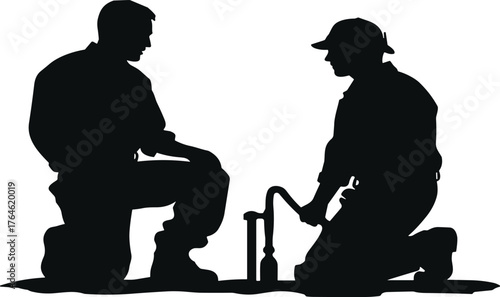 PrintSilhouette, teamwork, fieldwork, manual labor, training, cooperation, kneeling workers, hand pump, outdoor work, technical skill