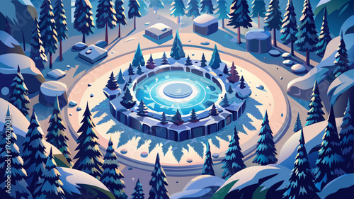 Very beautiful aerial view of a circular clearing surrounded by dense snowy forest trees, creating a perfect winter wonderland scene filled with symmetry, calmness, and the serene beauty of untouched 