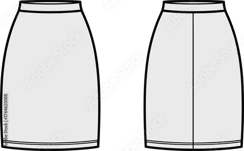 Women pencil skirt flat sketch, vector CAD drawing, minimalist fashion design template, technical clothing illustration, sewing pattern vector art
