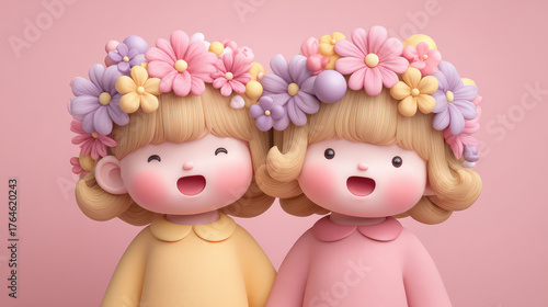 Adorable Cartoon Style Children with Flower Crowns Smiling in Soft Colors and Cute Design Elements