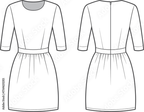 Classic women midi dress flat sketch, fashion technical drawing, vector apparel design, sewing pattern template, stylish clothing illustration