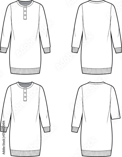 Women henley long sweatshirt flat sketch, cozy casual tunic design, fashion vector template, technical clothing drawing, apparel illustration
