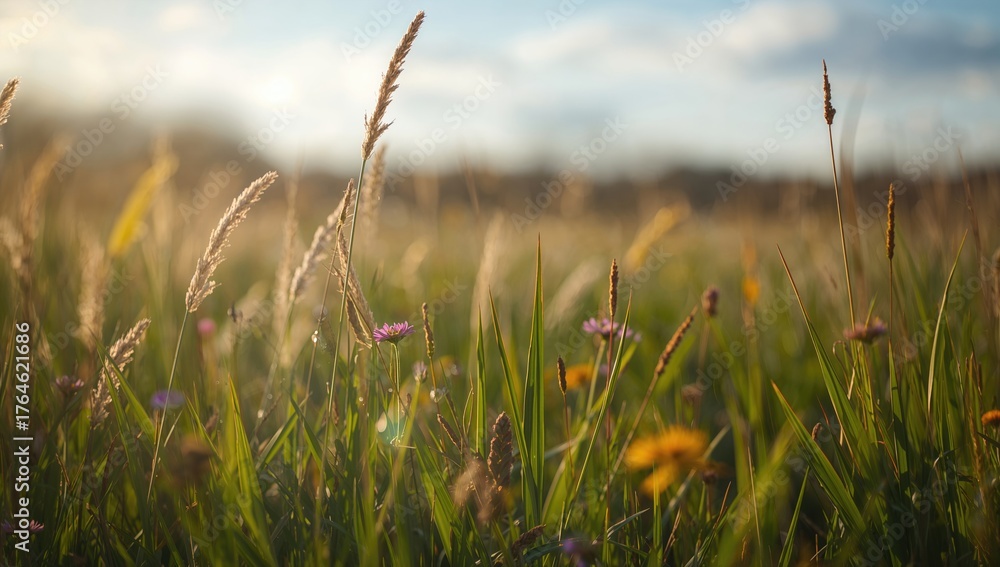 Fototapeta premium Springtime greenery in a sunlit field with bokeh effects