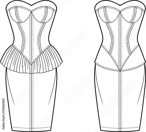 Elegant strapless corset pencil dress with pleated peplum, detailed technical flat sketch, women fashion CAD template vector illustration design