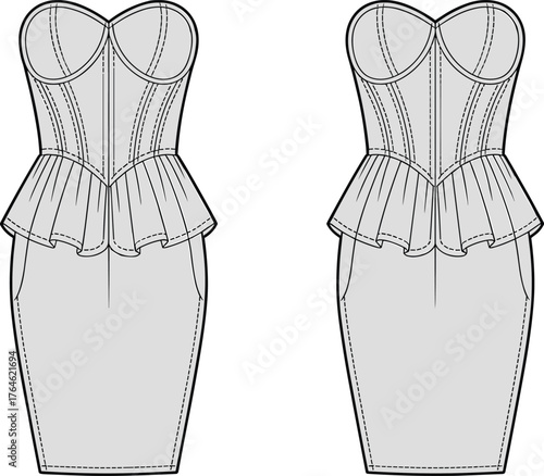 Strapless peplum corset pencil dress technical flat sketch, elegant women fashion vector design, modern clothing template CAD drawing illustration
