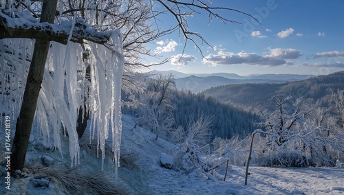 Fototapeta Naklejka Na Ścianę i Meble -  Frozen icicles hanging from forest trees in a frosty mountain landscape
