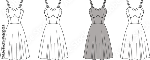 Elegant sweetheart neckline dress flat sketch, women fashion vector template, stylish flared garment technical drawing, modern clothing CAD illustration