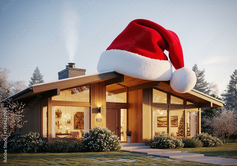 Fototapeta premium Warm wooden house in winter landscape wearing Santa hat on roof