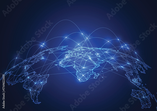 Global Network Connection, Digital World Map with Data Lines and Technology Communication Background