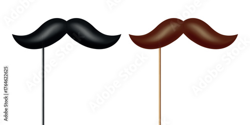 Vector Mustache Props on Sticks. Black and Brown Mustache on Stick. Party Mustache, Gentlemen Costume Prop, Decor. Beard Prop Set for Selfie, Party, Wedding, Birthday, Carnival, Event
