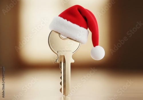 House key wearing Santa hat symbolizing Christmas home concept