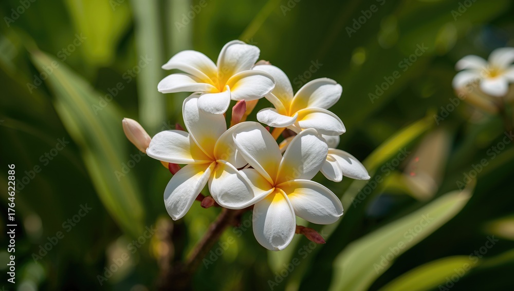 Fototapeta premium Close-up of white frangipani blossoms