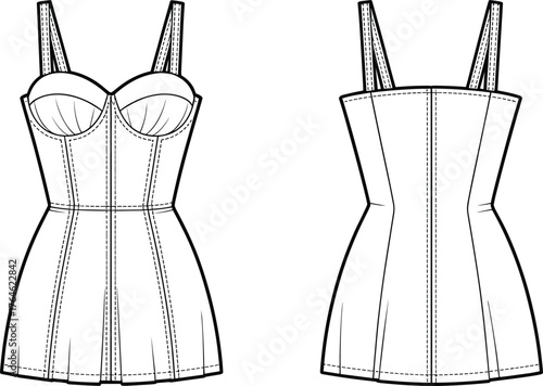 Corset dress flat sketch, fashion CAD drawing, women’s fitted dress technical illustration, vector apparel template, structured bodice design, garment outline, sewing pattern