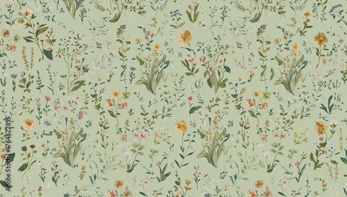 Seamless botanical vector pattern featuring garden flowers and plants on a mint green background for use in textiles, wallpaper, and apparel printing.