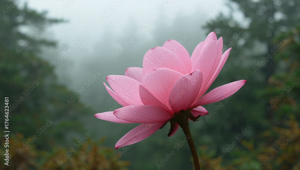 Fototapeta premium Delicate pink blossom amidst a foggy conifer woodland during the wet season