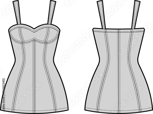 Women corset mini dress cad drawing flat vector illustration, fashion garment technical sketch, lingerie dress template, structured clothing design