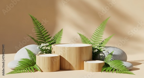 Set of three natural bamboo wooden podiums of varying sizes, arranged with ferns, small white flowers, and grey river stones on a beige background