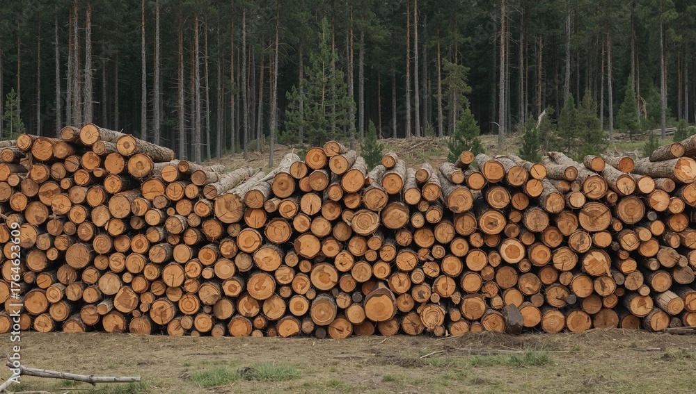 Fototapeta premium Stacks of freshly cut pine timber in a woodland area, illustrating forest clearing and wood extraction, natural background with textures and patterns of trees and environment
