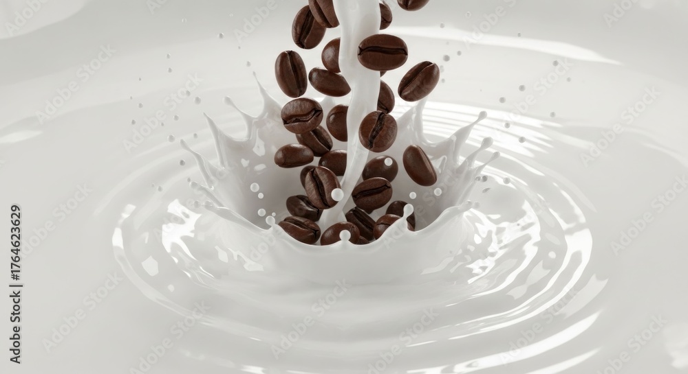 Obraz premium Coffee beans cascading into milk, creating a splash