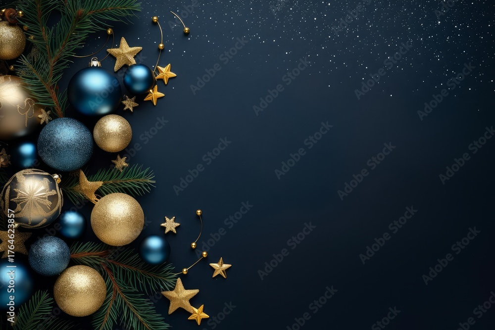 Fototapeta premium Christmas background with blue and gold ornaments and fir branches decorating a dark blue surface
